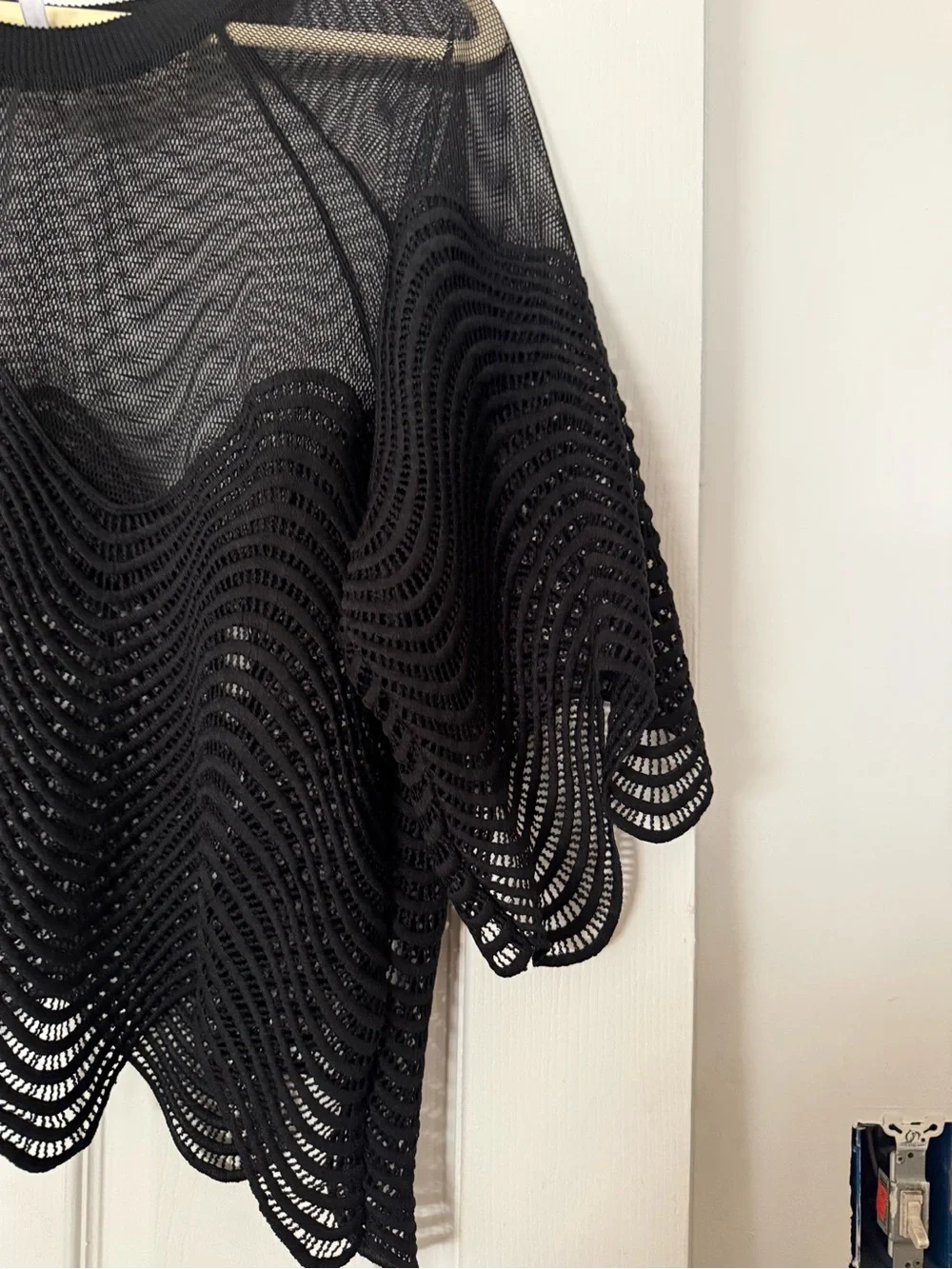Vintage Black Sheer Wave-Knit Cape Top